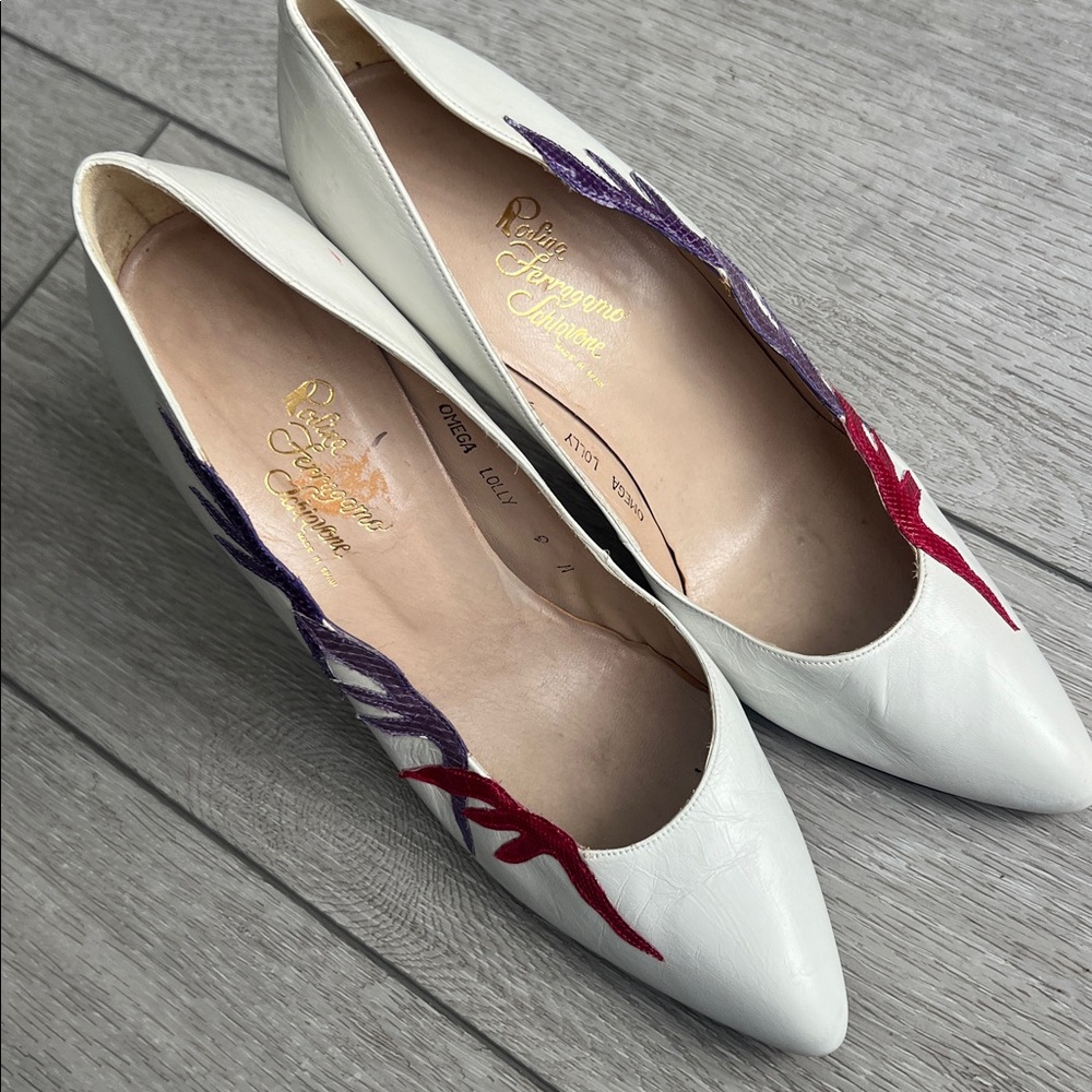 Vintage Salvatore Ferragamo White Heels with Red and Purple Snakeskin - Picture 6 of 10